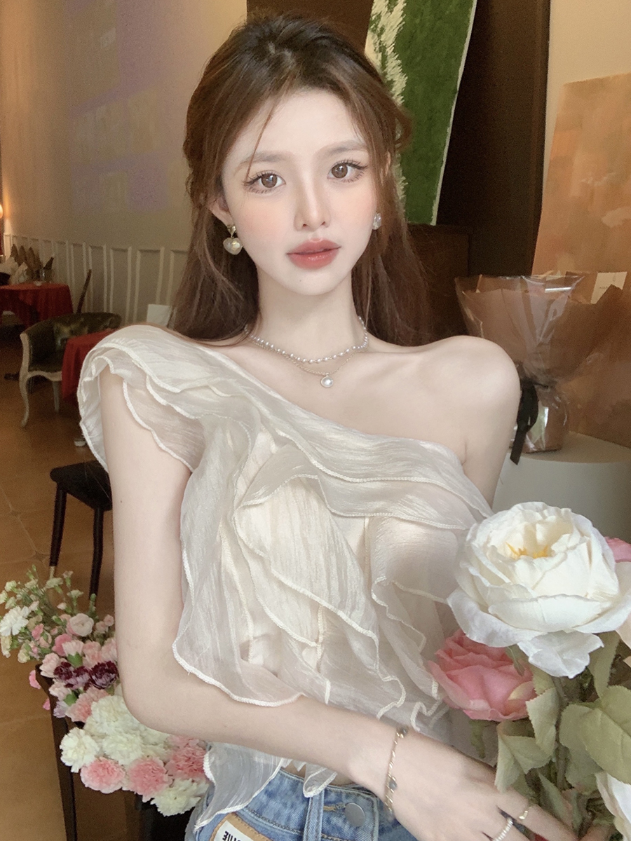 實拍~芍藥仙子 飛飛荷葉邊珠光雪紡斜肩上衣女