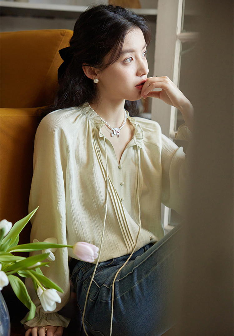 蝴蝶結系帶上衣法式復古木耳邊花邊領杏色襯衫女小個子