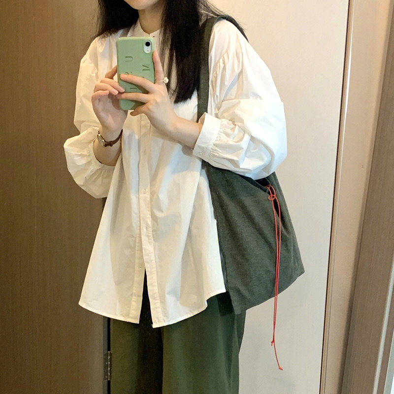 燈籠袖襯衫女早秋設計感小眾宮廷風圓領氣質襯衣寬鬆顯瘦薄款上衣