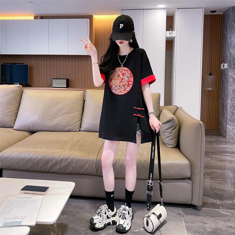 實拍新款寬鬆短袖新款百搭上衣中國風中長款短袖t恤女