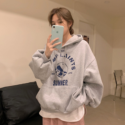 灰色連帽衛衣女新款秋冬季寬鬆韓版加絨加厚日系慵懶風上衣服