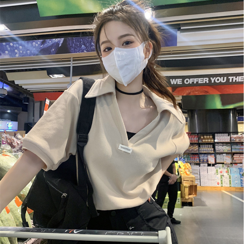 白色t恤女短袖夏季修身辣妹抽繩設計感小眾短款polo領泡泡袖上衣