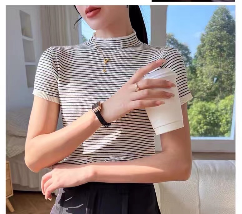 韓系半高領條紋短袖T恤女夏季新款修身顯瘦後背鏤空內搭打底衫