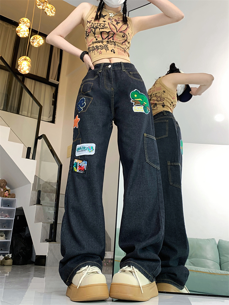 實拍！！！牛仔褲女直筒寬鬆春秋大碼胖妹妹原宿風復古闊腿褲