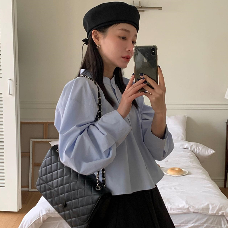 韓國chic極簡主義 春季氣質立領寬鬆休閒百搭純色泡泡袖襯衫上衣
