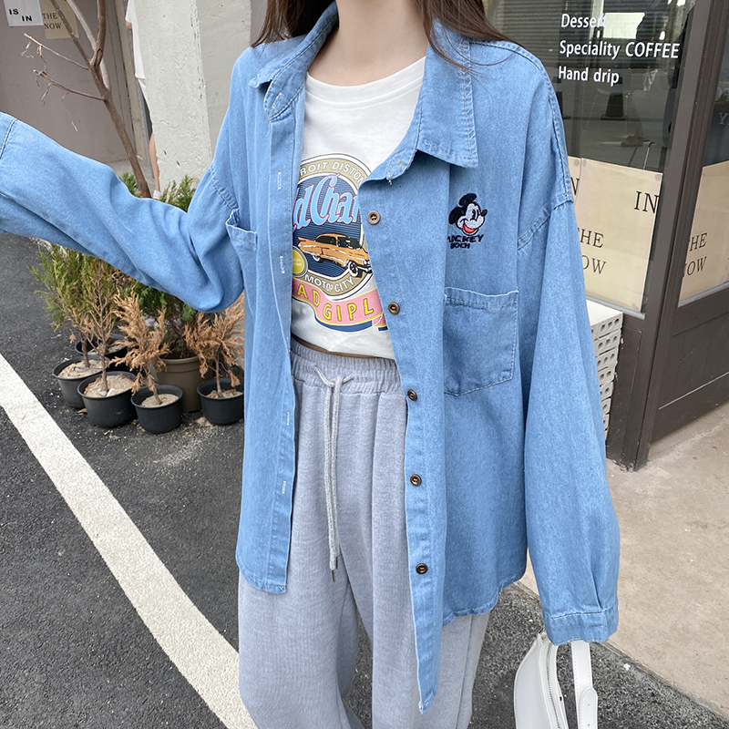 實拍薄款襯衫牛仔外套女春夏韓版寬鬆中長款時尚百搭大碼襯衣學生