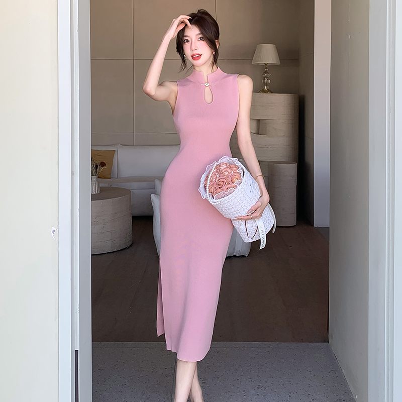 2024夏季新款新中式復古掛脖改良旗袍針織連衣裙高開叉長裙女包臀