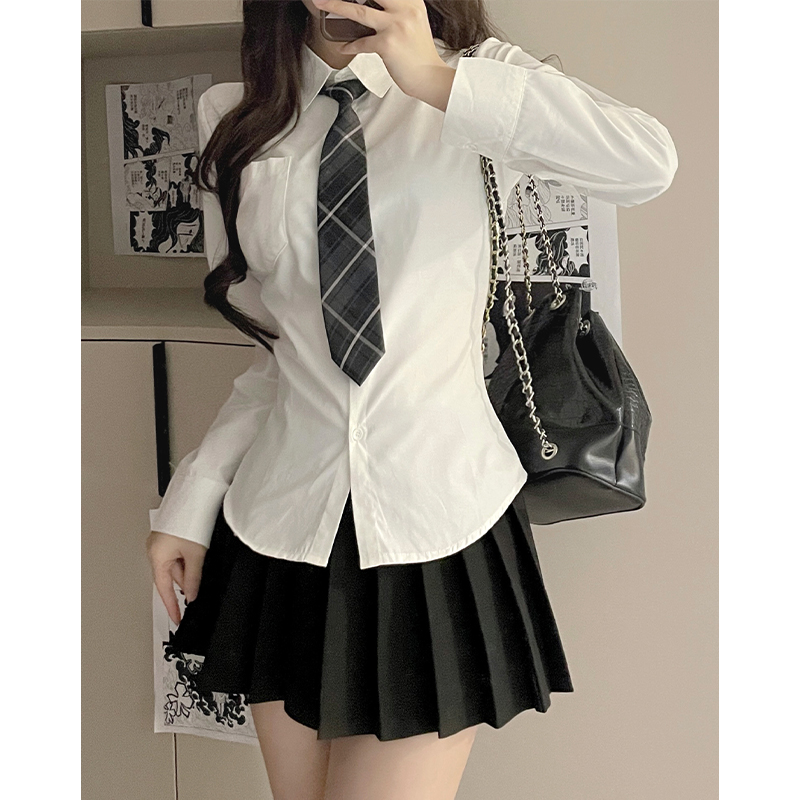 JK制服純欲風辣妹收腰長袖襯衫女學院風綁帶修身上衣學生白色襯衣