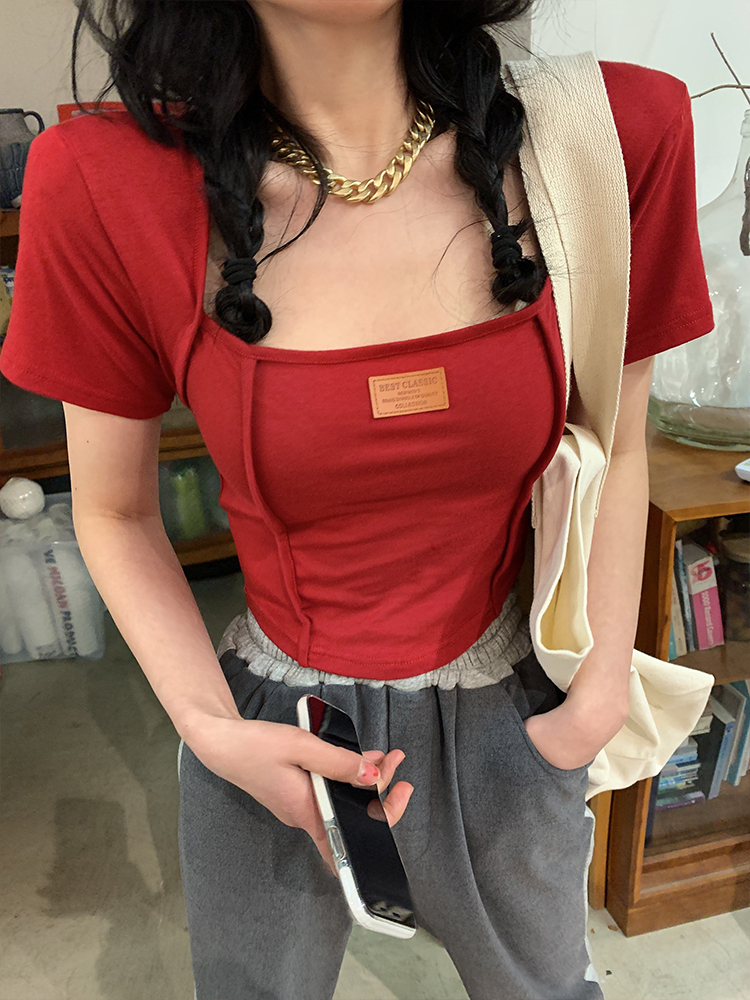 短袖方領緊身不規則上衣女2024夏季設計感