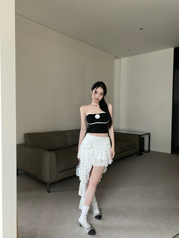 實拍 辣妹性感抹胸背心女+芭蕾風不規則鈎花鏤空蕾絲裙