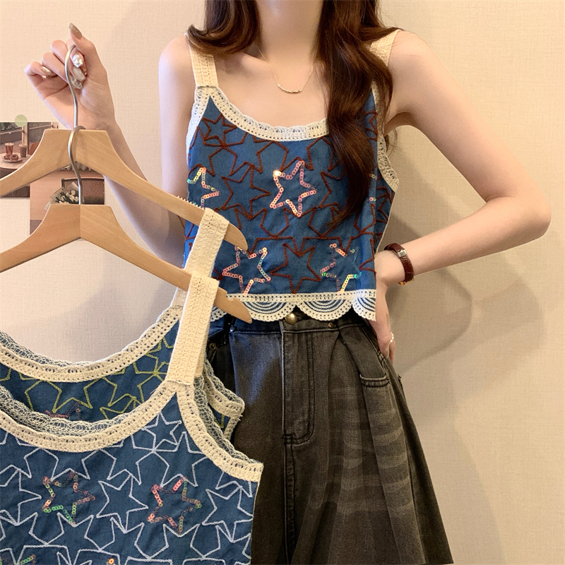 實拍 新版法式復古刺繡鈎花碎花短袖背心吊帶