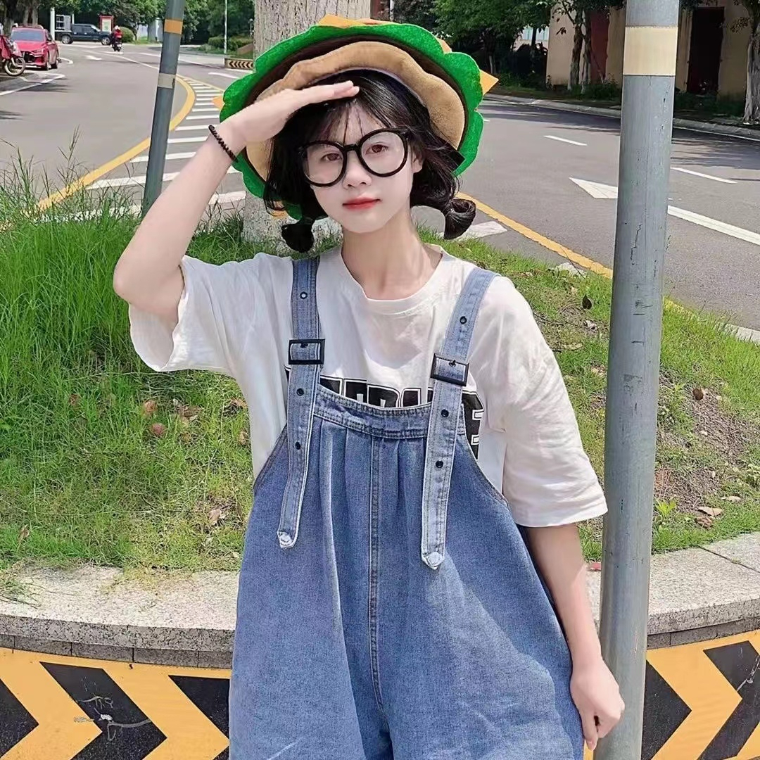 復古港風牛仔背帶褲女夏季ins新款韓版寬鬆學生百搭闊腿短褲
