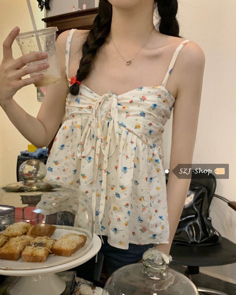 法式辣妹碎花小吊帶背心女外穿2024新款夏季純欲甜辣系帶內搭上衣