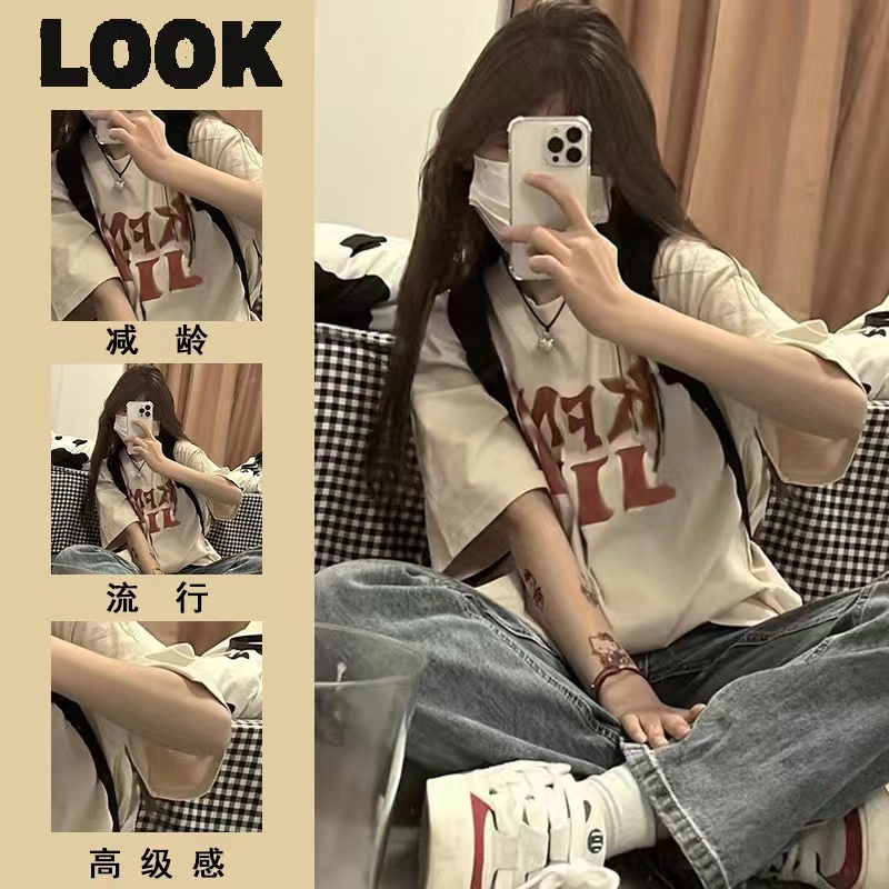 新款短純棉袖t恤印花國潮休閒百搭氣質上衣女