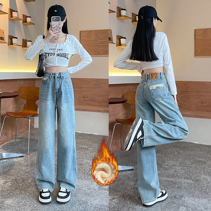 實拍2024春夏時尚潮流高腰闊腿復古牛仔褲女