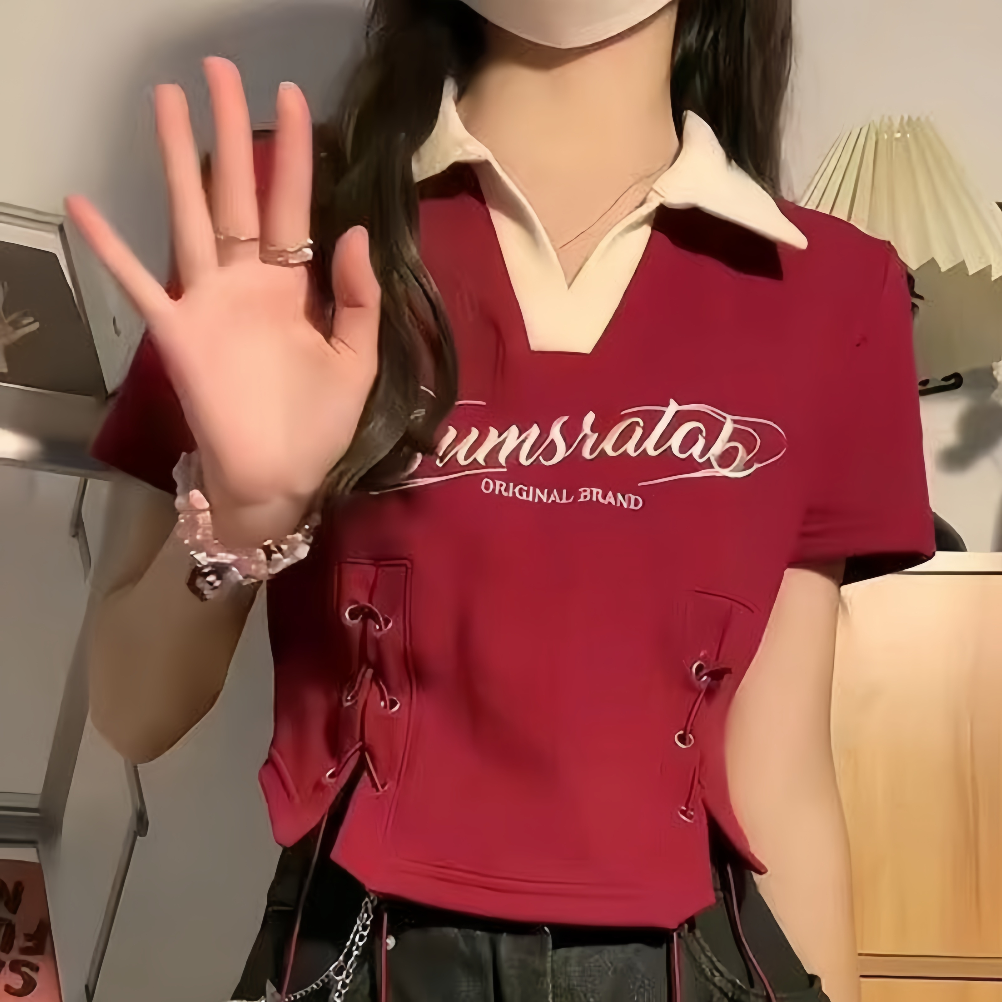 刺繡綁帶polo衫學院風翻領短袖t恤INS韓版辣妹短款上衣