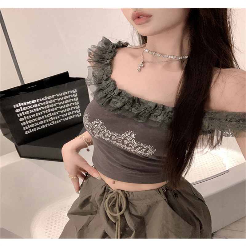 洋氣高端別致小衫女小眾設計蕾絲邊燙鑽字母性感背心辣妹短款上衣