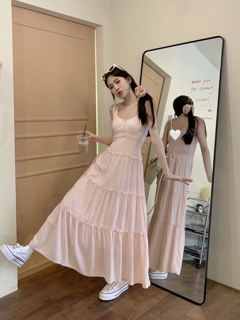 粉色甜美吊帶連衣裙女夏季掐腰裙氣質溫柔風裙子海邊度假a字長裙