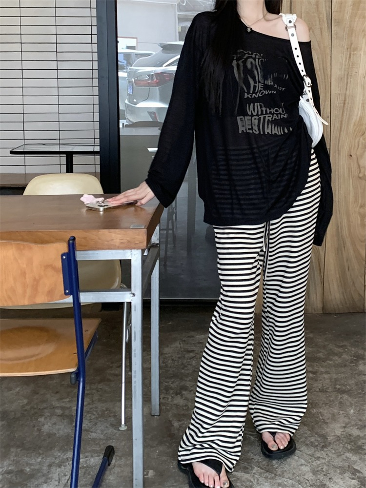 夏季新款寬鬆薄款長袖t恤女設計感小眾防曬罩衫一字肩上衣