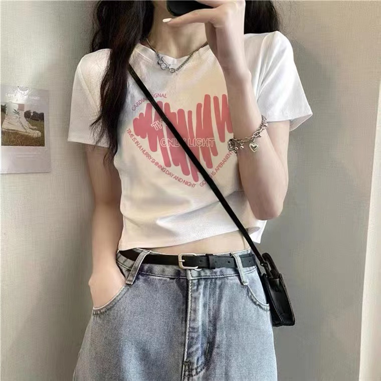 白色質感愛心短袖T恤女2024夏季新款歐貨短款上衣打底衫