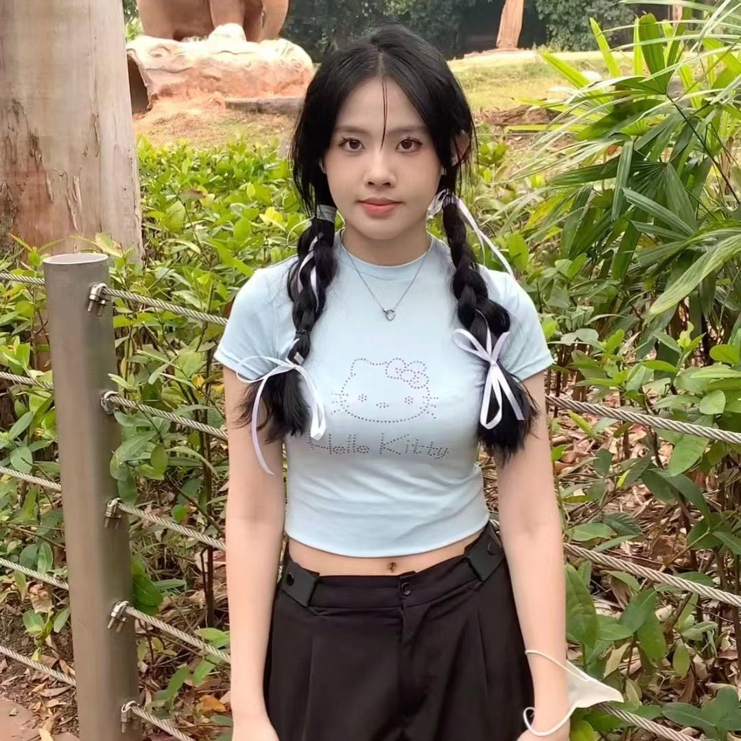 92棉/8氨綸美式短款夏季可愛短袖修身顯瘦洋氣甜辣妹短款上衣