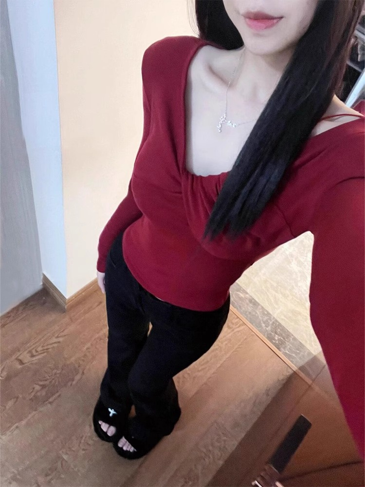 純棉重工原版質量  長袖T恤女酒紅扭結V領短款上衣