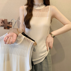 Summer V-Neck Backless Bodysuit with Lace Edge, Net Mesh Half High Collar, Large Size Women's Casual Top, Sleeveless Blouse