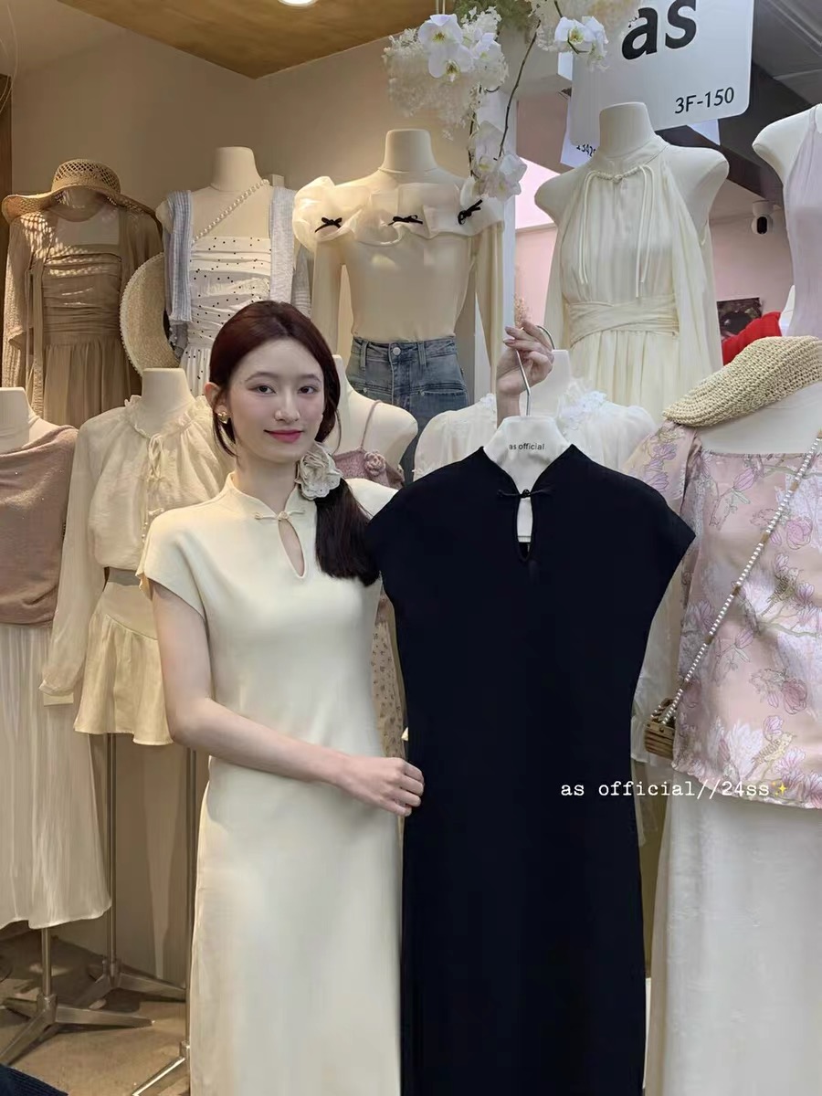AS國風盤扣針織連衣裙女2024新款飛飛袖立領改良旗袍新中式長裙子