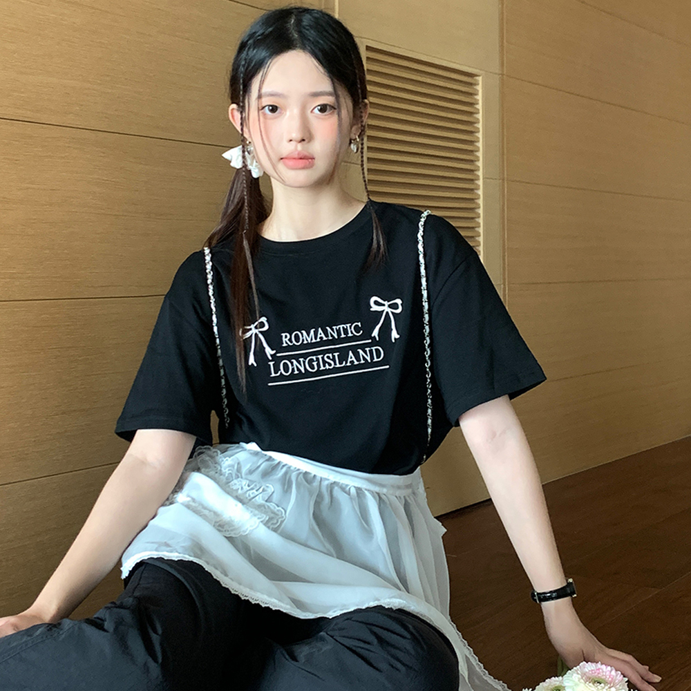 實拍 初夏火爆 蝴蝶結少女甜酷系字母刺繡寬鬆百搭簡約上衣T恤
