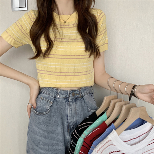 Actual shot~Korean style slimming short striped short-sleeved sweater top for women