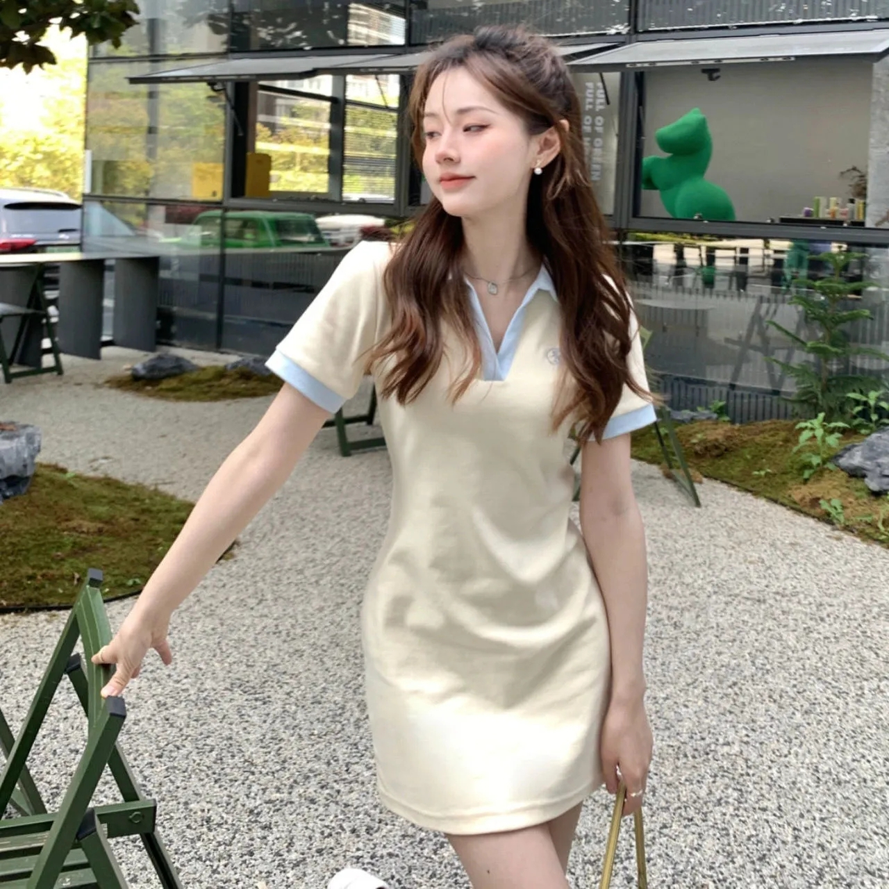 拼色POLO領連衣裙韓版純欲風修身短袖包臀裙子