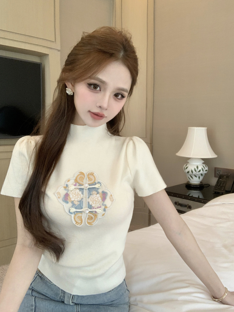 實拍~夏季新款新中式復古盤扣小立領正肩泡泡袖軟糯短袖T恤