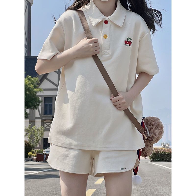學生少女Polo衫運動服套裝女夏季學院風休閒寬鬆短袖短褲兩件套