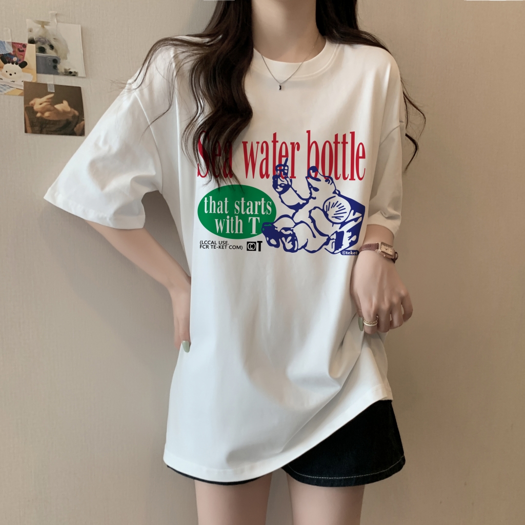 實拍 100%棉精梳純棉 印花夏裝短袖T恤女寬鬆韓版