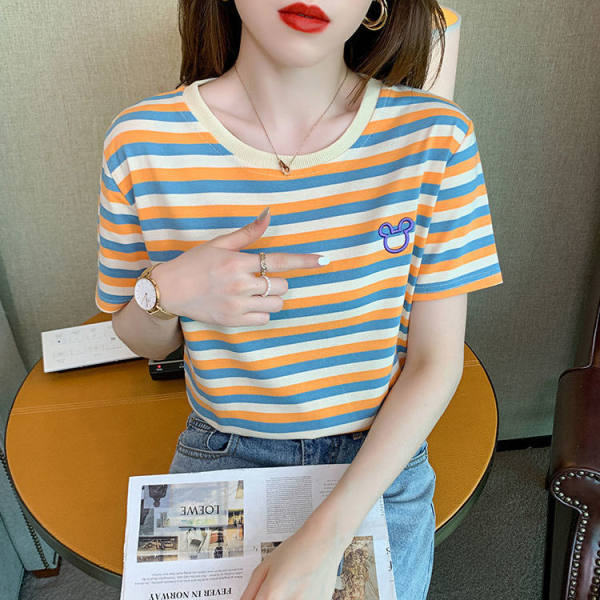 夏季新款圓領短袖女t恤刺繡潮韓版寬鬆百搭減齡條紋上衣服ins