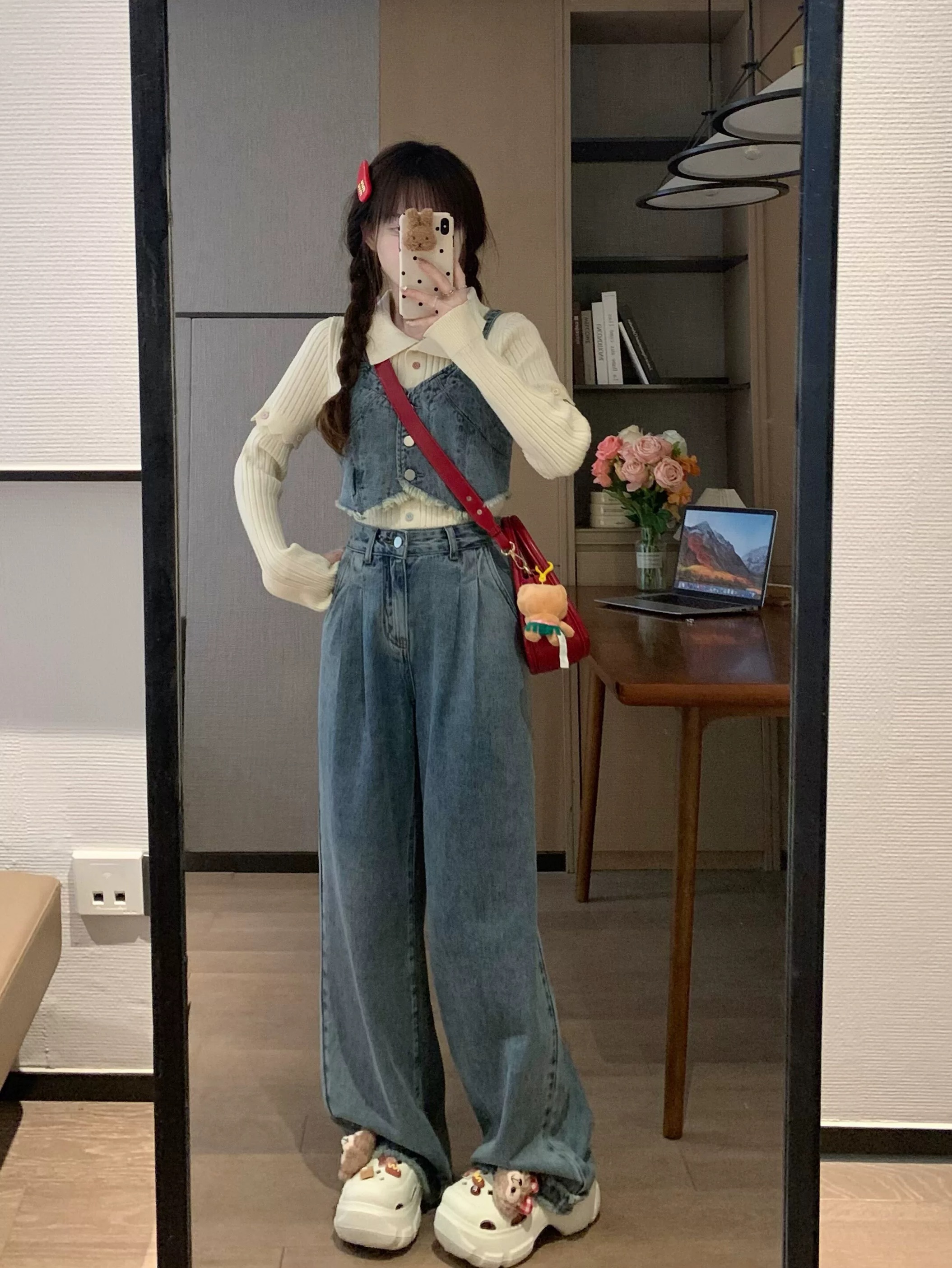 ms甜末末 早春新款淺藍色高腰顯瘦復古直筒闊腿分體背帶牛仔套裝