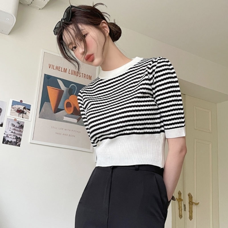 mocobling韓國代購21夏新款韓系甜美拼色條紋修身半袖針織衫
