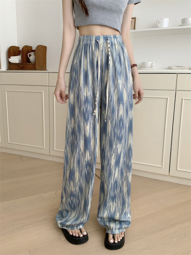 Real shot of flowing ink wide-leg trousers straight-leg slimming waist floor-length trousers narrow version ice silk casual walking trousers