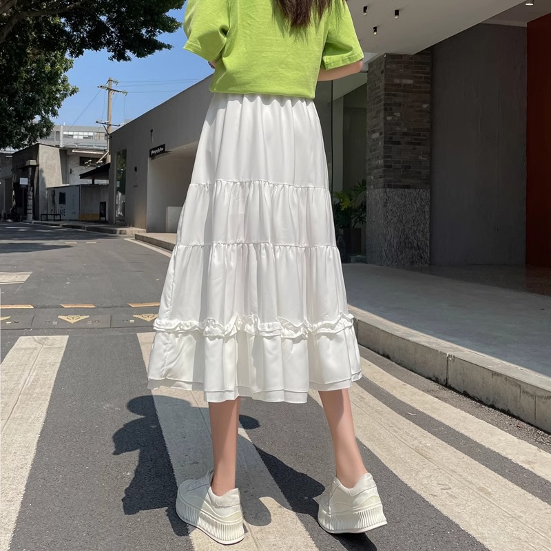 夏季2024新款拼接白色荷葉邊半身裙女