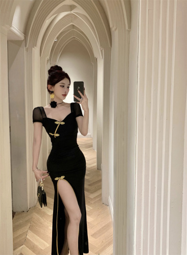 Real shot of retro cheongsam square collar flower low-cut waist slimming long slit dress