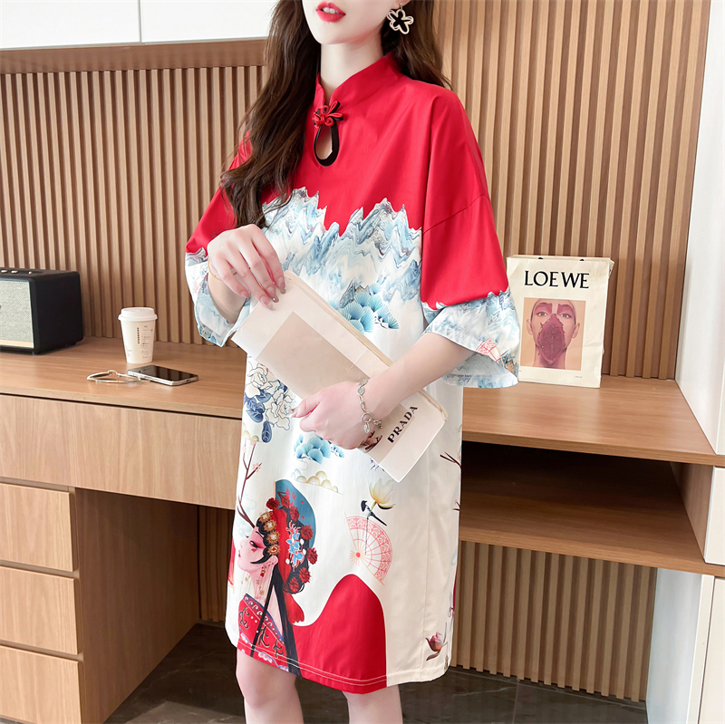 實拍新款國潮風改良旗袍小眾設計感中長款短袖t恤女上衣