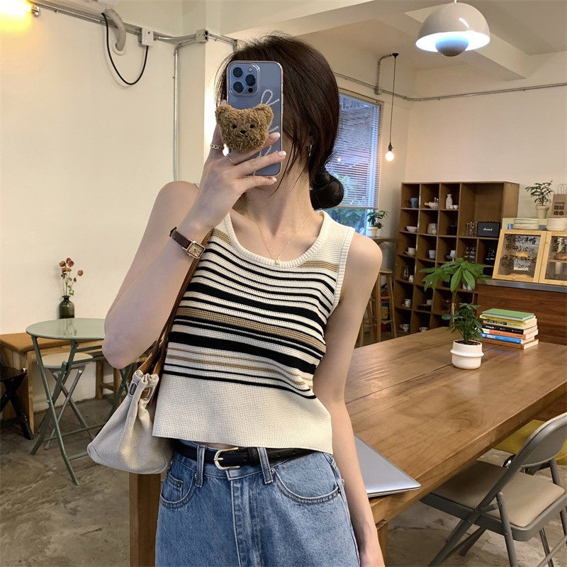 復古條紋吊帶背心女夏外穿設計感冰絲針織打底衫西裝內搭無袖上衣