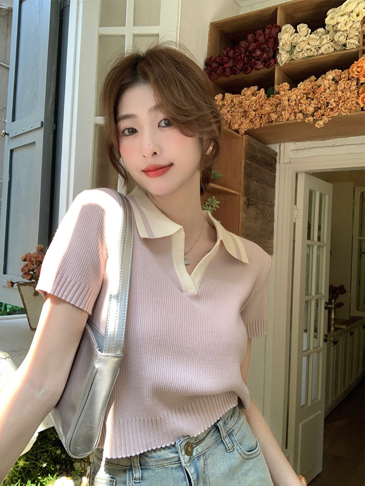 絕美夏季法式小眾撞色polo領冰絲針織小衫短袖t恤女短款上衣