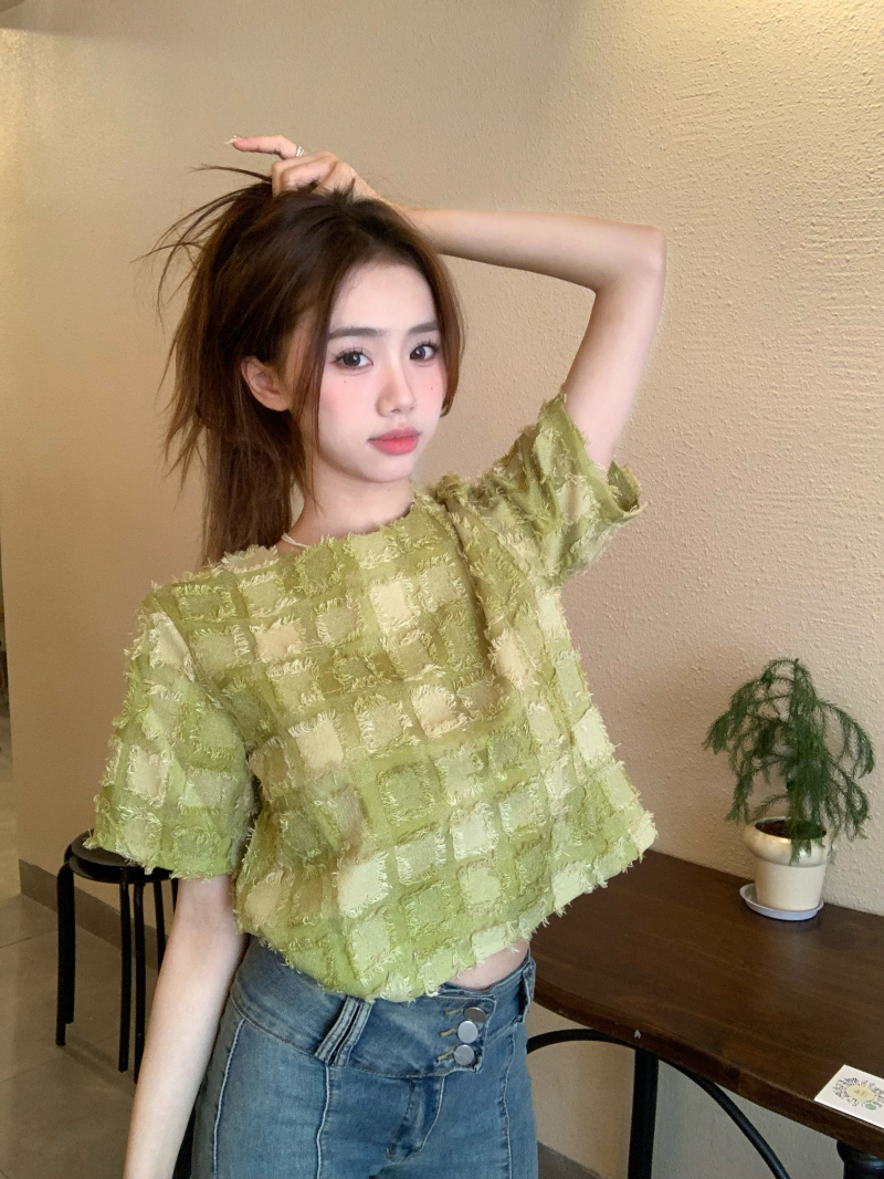 實拍~夏季新款韓版設計感復古撞色格子流蘇毛邊氣質顯瘦上衣