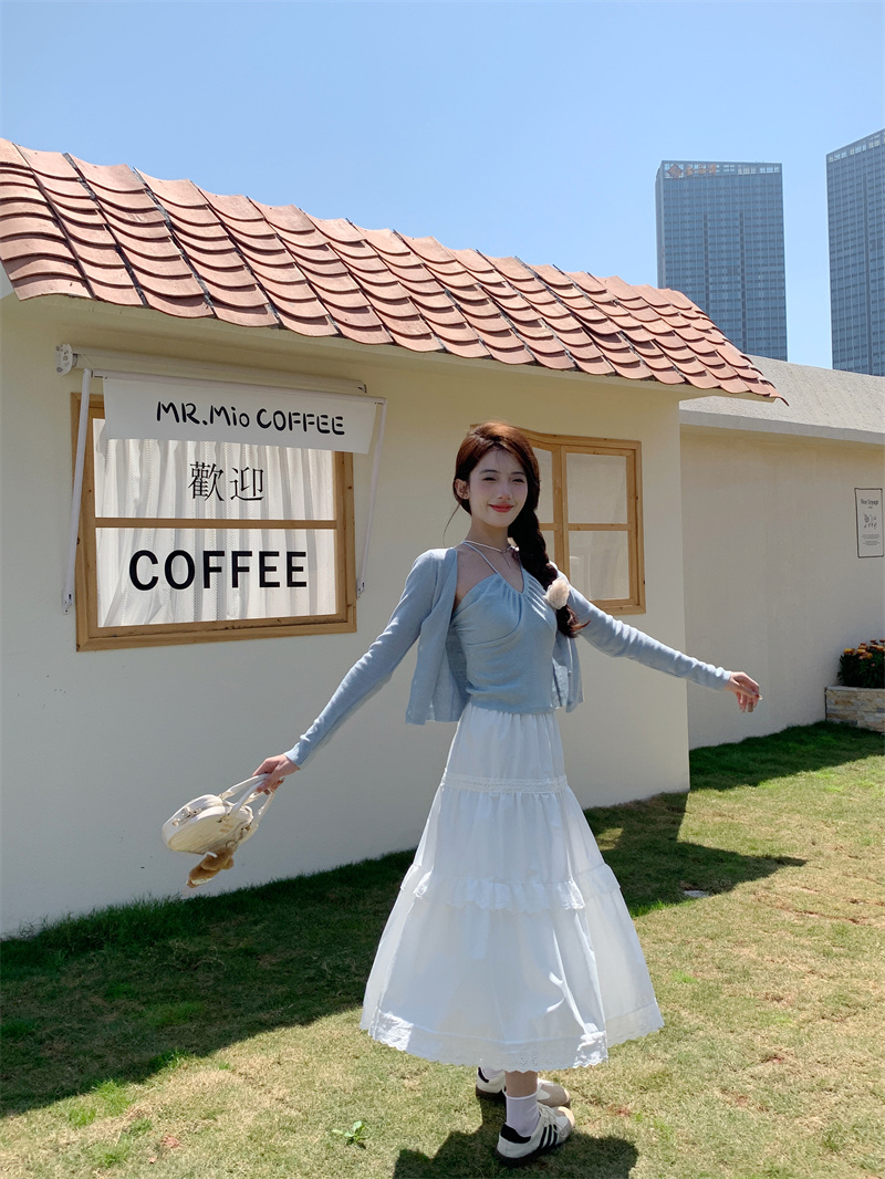 實拍~套裝女春季韓系藍色兩件套上衣+白色半身裙三件套