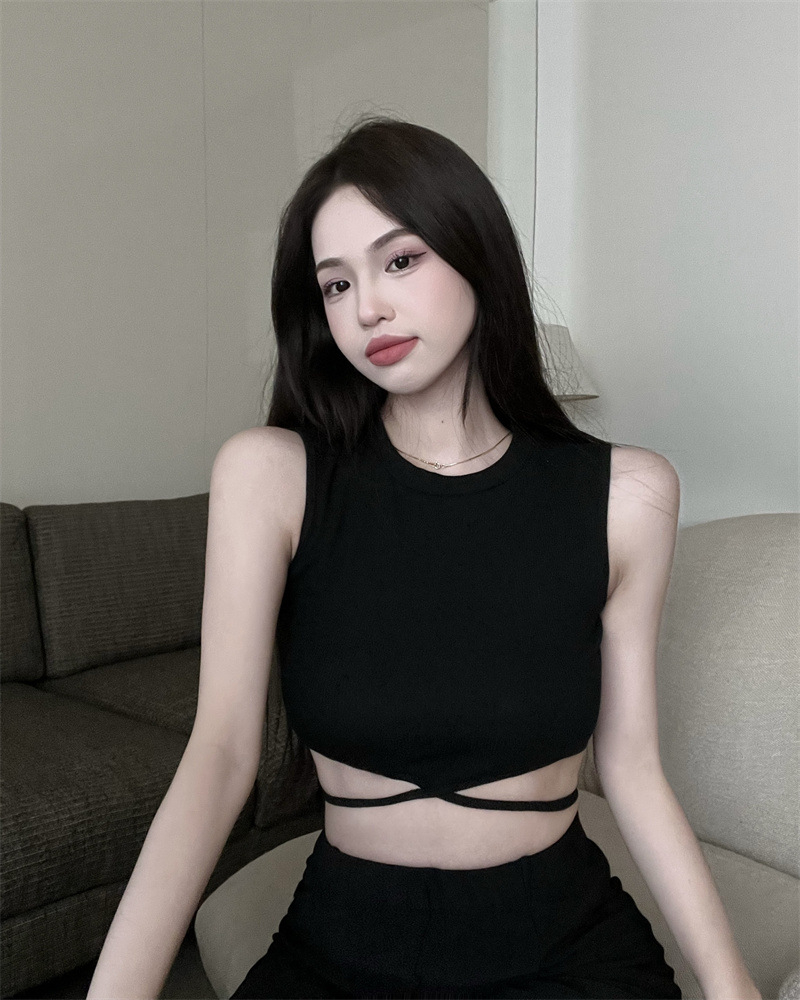 夏季交叉綁帶無袖背心甜辣性感外穿辣妹短款上衣
