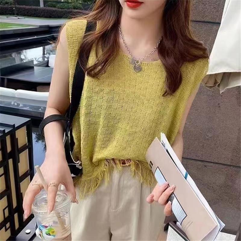 無袖馬甲上衣時尚設計感流蘇針織背心女夏季薄款外穿新款寬鬆短款