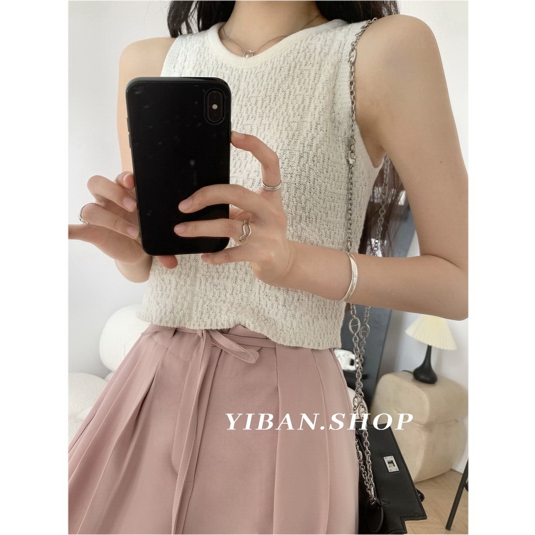 YIBAN 韓版肌理感純色圓領休閒百搭針織無袖小背心吊帶短款女上衣