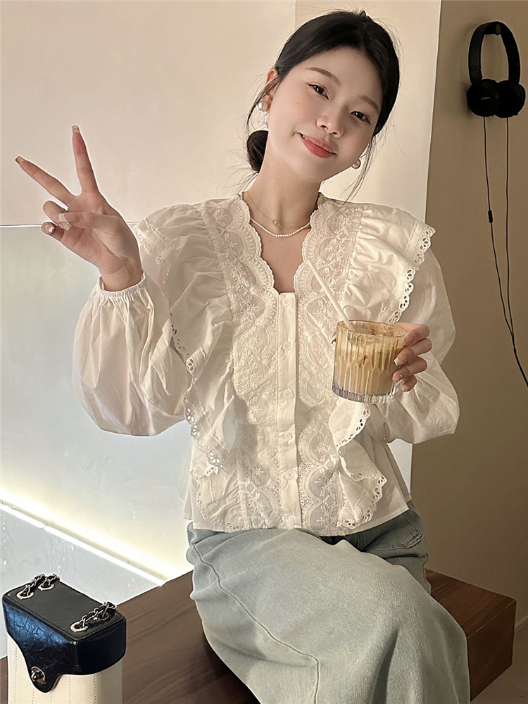 秋裝新款法式小香風荷葉邊襯衫女設計感小眾短款蕾絲襯衣女