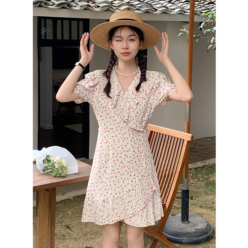實拍 2024夏季新款法式浪漫褶皺裙子短袖雪紡碎花連衣裙女